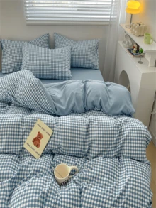 3 件蓝色条纹格子图案涤纶羽绒被套套装，带拉链和枕套 - 可机洗，防缩水，四季舒适 - 柔软编织面料，透气床上用品，适用于卧室和客房（套装包括 1 个羽绒被套、2 个枕套，无羽绒被套，无枕套芯） - 藍小格 - 查看 2
