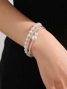 1pc Fashion Elegant Luxury Rhinestone & Faux Pearl Openable Bracelet, Suitable For Wedding And Daily Wear - Silver - View 3