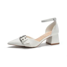 Tacones de bloque con hebilla y punta afilada, elegantes para bodas de verano - Blanco - Ver 5