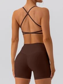 女士运动文胸内衣扭曲胸部设计十字交叉露背，深 V 领扭曲前部运动聚拢文胸，户外健身休闲文胸跑步健身普拉提 - 棕色 - 查看 5