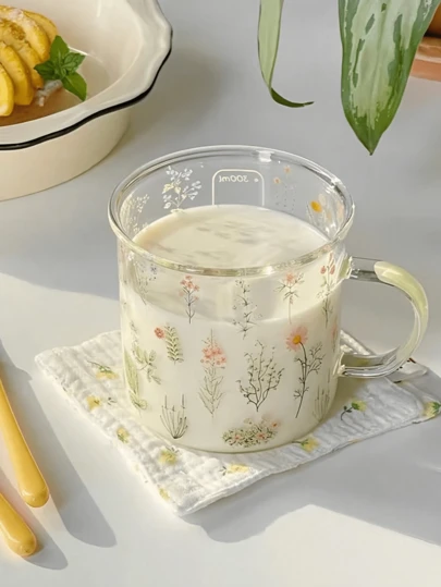 1pc Glass Cup For Women, Ins Style, Highly Attractive Clear Drinking Cup, Heat Resistance Milk Cup, Suitable For Home, Birthday, Party