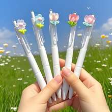 5 件可爱花朵按压笔学生速干凝胶笔，高品质少女半透明郁金香花朵装饰，速干书写笔，学校和办公用品返校 - 白色 - 查看 6