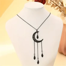 Luxury Black Tassel Long Crystal Moon Drop & Dangle Pendant Necklace - Exquisite Dark Gothic Style, Crescent Moon Light Design, Black Chain Vintage Gothic Boho Jewelry, Handmade, Simple Halloween Party Hip Hop Hippie Style, Unique Fashion Statement Witchy Accessory For Women, Daily Wear - Multicolor - View 3
