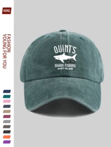 1 pieza Gorra de béisbol de aventura al aire libre para hombres "Pesca de tiburones de Quint" - Con texto blanco de Amity Island 1975 e impresión de un gran tiburón blanco, suave y transpirable, adecuado para hombres y mujeres, ideal para senderismo, viajes, golf, fiestas en la playa, pesca - A - Ver 21