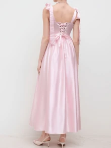 Różowa Elegancka Mocno Suwakowana Siatkowa Zasuwana Sukienka Z Odkrytą Kokardą Na Formalne Przyjęcie Wieczorowe