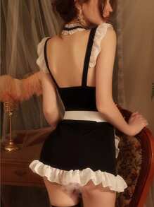 1 Jumpsuit, 1 Neck Ring, 1 Hairband, 2 Bracelets, 1 Apron, Sexy Underwear, Cute Maid's Crotch Uniform, Seductive Role-Playing Minimalist Sexy Small Chest Suit Sexy Lingerie Set