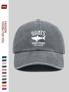 1 pieza Gorra de béisbol de aventura al aire libre para hombres "Pesca de tiburones de Quint" - Con texto blanco de Amity Island 1975 e impresión de un gran tiburón blanco, suave y transpirable, adecuado para hombres y mujeres, ideal para senderismo, viajes, golf, fiestas en la playa, pesca - A - Ver 15