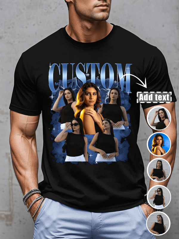 Customization Personalized Men's Comfortable Casual Loose Fit T-Shirt. Custom Your Own Bootleg Rap Tee Graphic Wife Husband Tee Custom Girlfriend Face Photo Vintage Shirts, Anniversary Gift, Valentine's Day Gift (Selfie/Family Photo/Friend Photo/Party/Team/ Boyfriend/Girlfriend/Couple Matching/ Workwear)