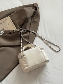 Fashion New Elegant Solid Color Pu Fabric Portable Square Bag, Minipu Bag, Pure Waterproof Fabric Burgundy Bag, Letter Pattern Decorative Design Box Bag, Suitable For Travel Shopping, Parties, Parties, Commuting. - White - View 5