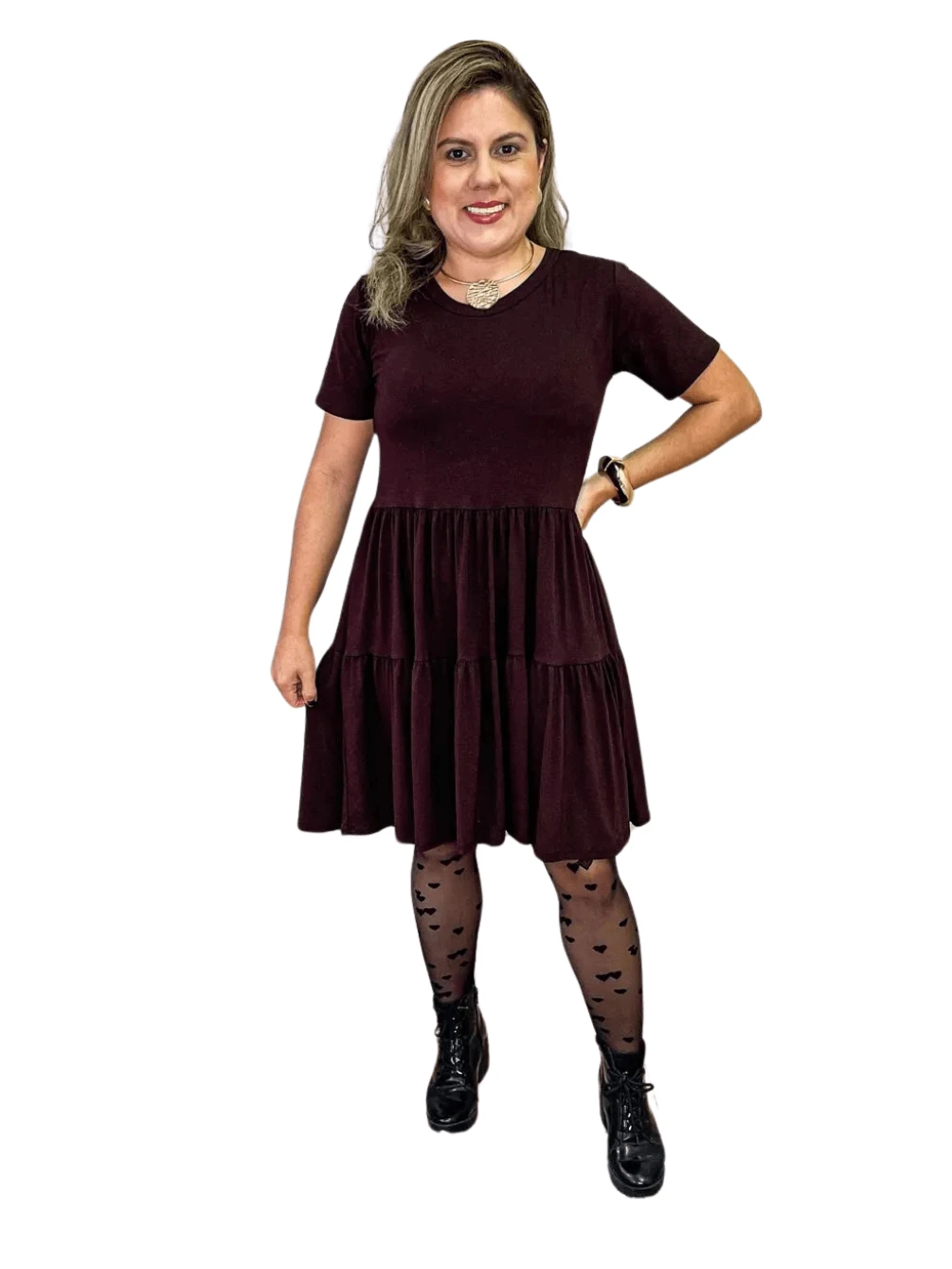 Short Loose Dress With Short Sleeves And Ruffles In Viscose And Elastane. - Chocolate Brown - View 1