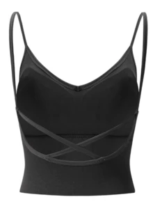 1pc Casual-Comfortable Minimalist Camisole, Wireless/Underwire Removable Padded, Seamless Contour, Cross Back Sports Bra - Black - View 3