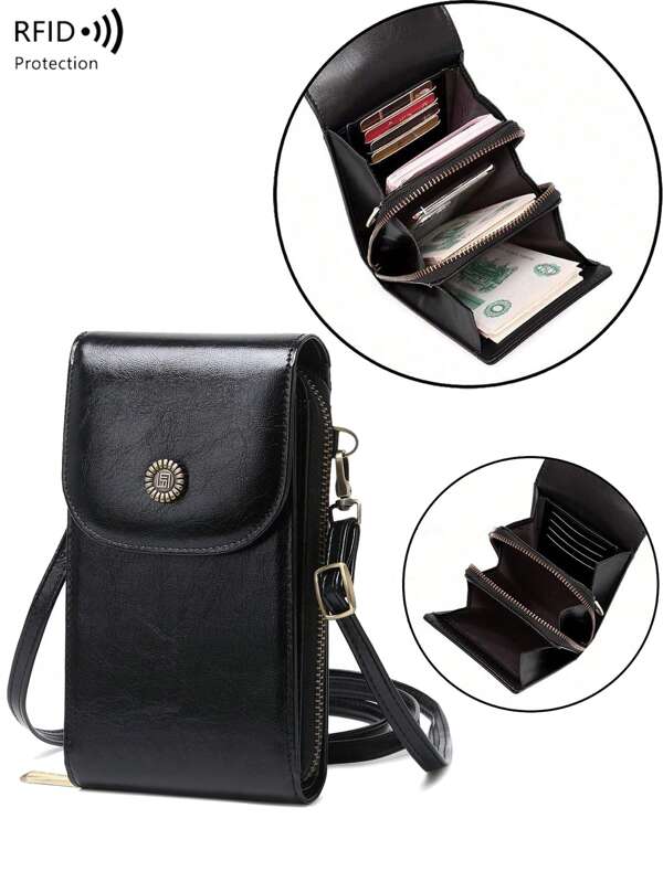 Stylish Small Women's RFID Blocking Crossbody Phone Wallet, Adjustable Shoulder Strap, Card Slots For Credit Card/ID/Cash/Phone, Vintage Metal Decor Oiled Leather Sling Bag For Business/Casual/Commute, Suitable For Birthday/Anniversary Gift
