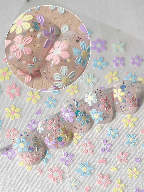1 Pegatina de arte de uñas con tema de flores de primavera y verano, que presenta una variedad de flores en flor, margaritas y materiales florales con ramas, adecuado para manualidades DIY de mujeres, niñas, familias e individuos