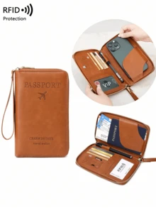 MIYIN RFID Shielded Passport Holder Card Clip, With Card Slot ID Window, Solid Color PU Letters And Airplane Pattern Portable Passport, Suitable For Credit Card/ID Card/Currency/Cash/Passport/Plane Ticket/Bank Card, Male And Female Universal Zipper Mobile Travel Passport Wallet, With Wristband, Suitable For Travel Flights, International Business Trips, Passport Clip, Passport Box, Passport Bag, Travel Accessories, School Supplies - Brown - View 1