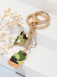 1pc Women's Fashionable Alloy Green Plant & Cat Decor Versatile Keychain - Multicolor - View 2