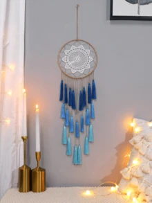 1 peça de decoração de parede em macramê feita à mão, decoração de parede boêmia com borla e apanhador de sonhos, arte de parede para decoração de casa e apartamento, presente perfeito para inauguração de casa, decoração de sala de ioga e meditação, decoração de parede para espaço espiritual (sem luzes)