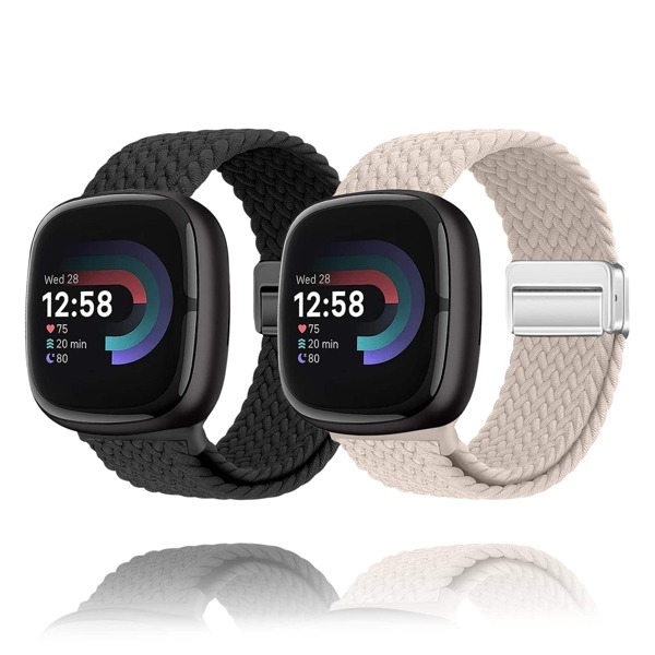2 Packs Nylon Braided Magnetic Bands Compatible With Fitbit Versa 4/Fitbit Versa 3/Sense 2/Sense 1,Soft Stretchy Elastic Nylon Sport Loop Strap For Women Men
