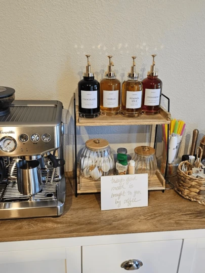 Countertop Coffee Station Organizer, 2 Tier Wooden Shelf For Coffee Bar Accessories, Condiment Storage Caddy For Kitchen, Home, Office - Brown, Kitchen Storage Utensils, Room Decoration, Suitable For Kitchen, Restaurant, Party, Camping, Gathering, Gift For Friends, Family Gift