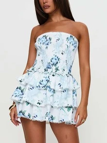 Women's Ditsy Floral Bandeau Mini Dress Shirred Ruffle Tiered A Line Summer Tube Dresses - 藍色 - 查看 3