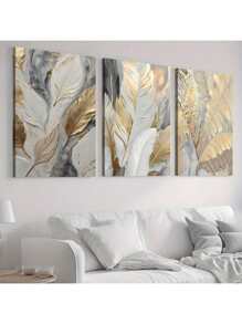 Conjunto de 3 lienzos y pósteres listos para colgar, decoración de hojas botánicas doradas de lujo ligero para el hogar, arte de pared, decoración de habitaciones, murales, impresión HD, regalos festivos, sala de estar, dormitorio, comedor, decoración de oficina