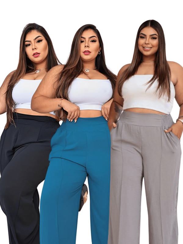 Kit 3 Calças Feminina Pantalona Plus Size Duna Elegante Em Elasticidade Na Cintura Com Bolsos