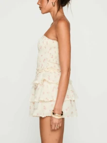 Women's Ditsy Floral Bandeau Mini Dress Shirred Ruffle Tiered A Line Summer Tube Dresses - 彩色 - 查看 3
