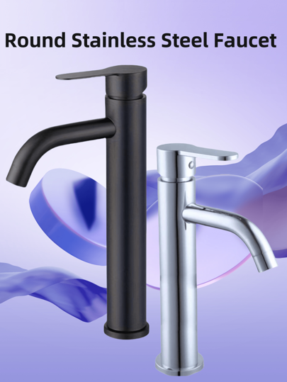 1pc Round Stainless Steel Faucet For Washing Face Basin, Household Cold And Hot Hand Washing Sink, Bathroom Washbasin Countertop Basin On The Washstand High Countertop Mount Bathroom Sink Mixer Faucet And Cold Water, Sink Faucet Single Handle Single Hole Bathroom Faucet Modern Commercial Vanity Basin Faucet