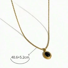VKHK 1 Pc Vintage 18K Gold Plated Stainless Steel Black White Gem Stone Oval Pendant Necklace For Women Men Fashion Couple Jewelry Gift