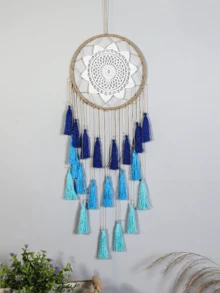 1 peça de decoração de parede em macramê feita à mão, decoração de parede boêmia com borla e apanhador de sonhos, arte de parede para decoração de casa e apartamento, presente perfeito para inauguração de casa, decoração de sala de ioga e meditação, decoração de parede para espaço espiritual (sem luzes)