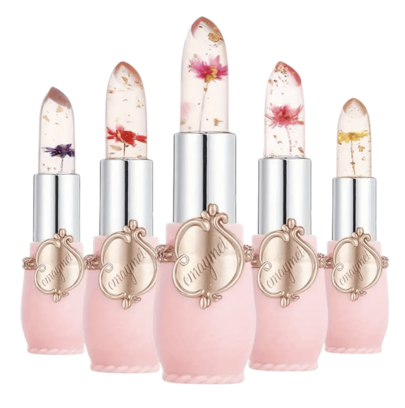 HANDAIYAN Barra de labios de gelatina con flores Emaymei con cambio de color con sabor a fruta, bálsamo labial transparente que cambia a rosa, maquillaje de belleza popular, barra de labios de gelatina con flores secas, cambio de color con la temperatura, barra de labios transparente que no mancha la taza.