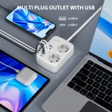 Protector de sobretensión multipuerto 8 en 1 con 2 tomas de CA, 4 puertos USB-A, 2 puertos USB-C, interruptor de encendido/apagado y un voltaje de funcionamiento de 100-250V para el hogar, la oficina y la estación de carga para viajes