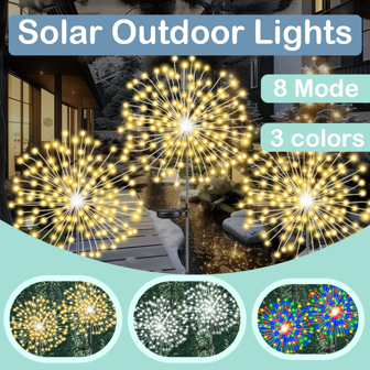 1 pieza Luz solar de fuegos artificiales a prueba de agua para exterior, apta para jardín, terraza, balcón, césped, campamento al aire libre, decoración de ambiente romántico para San Valentín, Año Nuevo, boda, 8 modos de iluminación, disponible en colores, blanco cálido, blanco, 60/150/200/240 LEDs
