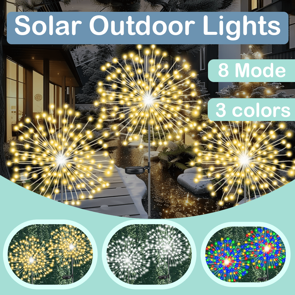 1pc Solar Powered Outdoor Fireworks Waterproof Light, Suitable For Garden, Terrace, Balcony, Lawn, Outdoor Camping, Romantic Atmosphere Decor For Valentine's Day, New Year, Wedding, 8 Lighting Modes, Available In Colorful, Warm White, White, 60/150/200/240 LEDs
