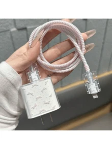 4个粉色蝴蝶图案苹果20W数据线保护套，兼容 16/16 Pro Max/15/14/13/11充电器适配器和充电线，防弯折软壳 - 淡粉蝴蝶結 - 查看 4