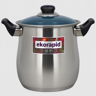Olla alta de acero inoxidable ekorapid (4L / 6L / 8L / 12L / 14L) con tapa de cristal azul y asas efecto madera|Apta para inducción, gas y vitrocerámica|Gran capacidad ideal para sopas, caldos, pastas y cocina profesional
