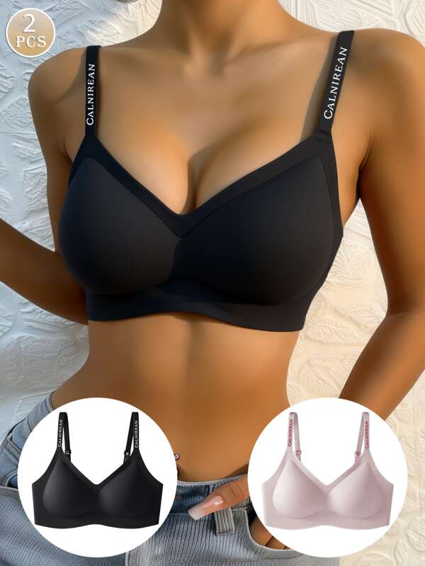 2pcs Antigravity Lift Women Camisole With Letter Straps Comfortable Breathable Bras, Thin Bra