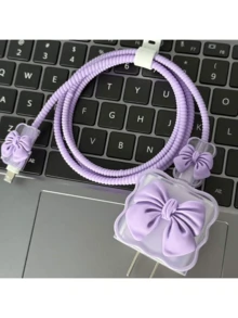 可愛紫色蝴蝶結裝飾數據線保護套，相容 Apple 18/20W 充電器，數據線保護繩，防損保護套，充電器保護套 - 紫色 - 查看 4