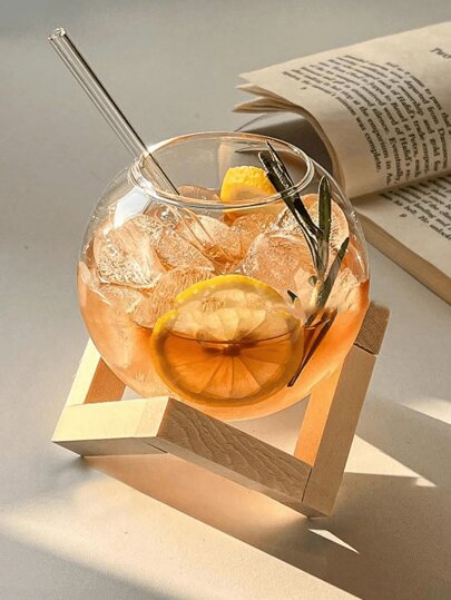 1 conjunto de copos redondos de coquetel em formato de lua de 450 ml com base de madeira, copo de vinho esférico transparente, tigela para smoothie, copos criativos para sucos, copos para bebidas, para bar, pub, clube, restaurante, uso doméstico, acessórios para bebidas de verão