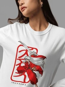 Camiseta Inuyasha – diseño clásico con espada y kanji rojo - Blanco - Ver 2