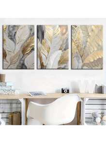 Conjunto de 3 lienzos y pósteres listos para colgar, decoración de hojas botánicas doradas de lujo ligero para el hogar, arte de pared, decoración de habitaciones, murales, impresión HD, regalos festivos, sala de estar, dormitorio, comedor, decoración de oficina