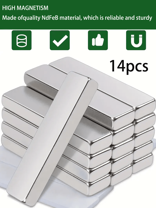 14 Pcs Heavy-Duty Neodymium Magnetic Bars, 40x10x5mm - Multipurpose, Suitable For Organized Kitchen, Garage, Tool Storage Etc.