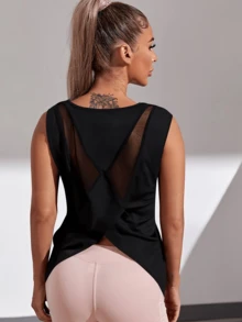 Criss-Cross Back Cropped Sports Tank Top/Fitness Vest - Black - View 1