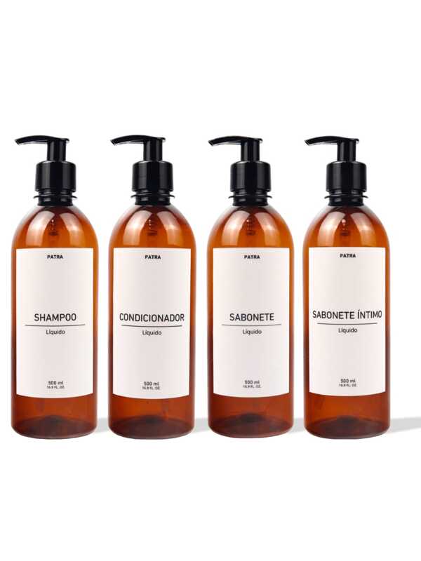 kit Banho Frasco Âmbar  4pçs Shampoo Condicionador Sabonete líquido e Sabonete íntimo Dispenser 500ml