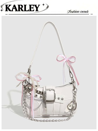 Y2K Fashion Versatile Star & Moon Lace Bow Bag, Unique Silver Millennium Shoulder Chain Crossbody Bag, Perfect For Girls' Street Style & Party Outfits, Also A Great Gift. Pure White Starry Sky Print Women Handbag.