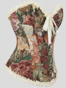 Painting Floral Print Corset Top, Vintage Medieval Style Shaping Bodice With Back Lace-Up And Front Clasp - Multicolor - View 3