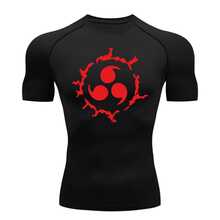 Curse Mark Sasuke Anime Narutoo Short Sleeve Compression T-Shirt Rash Guard - 黑色/紅色 - 查看 1