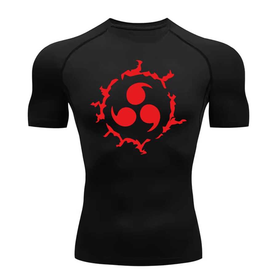 Curse Mark Sasuke Anime Narutoo Short Sleeve Compression T-Shirt Rash Guard - 黑色/紅色 - 查看 1