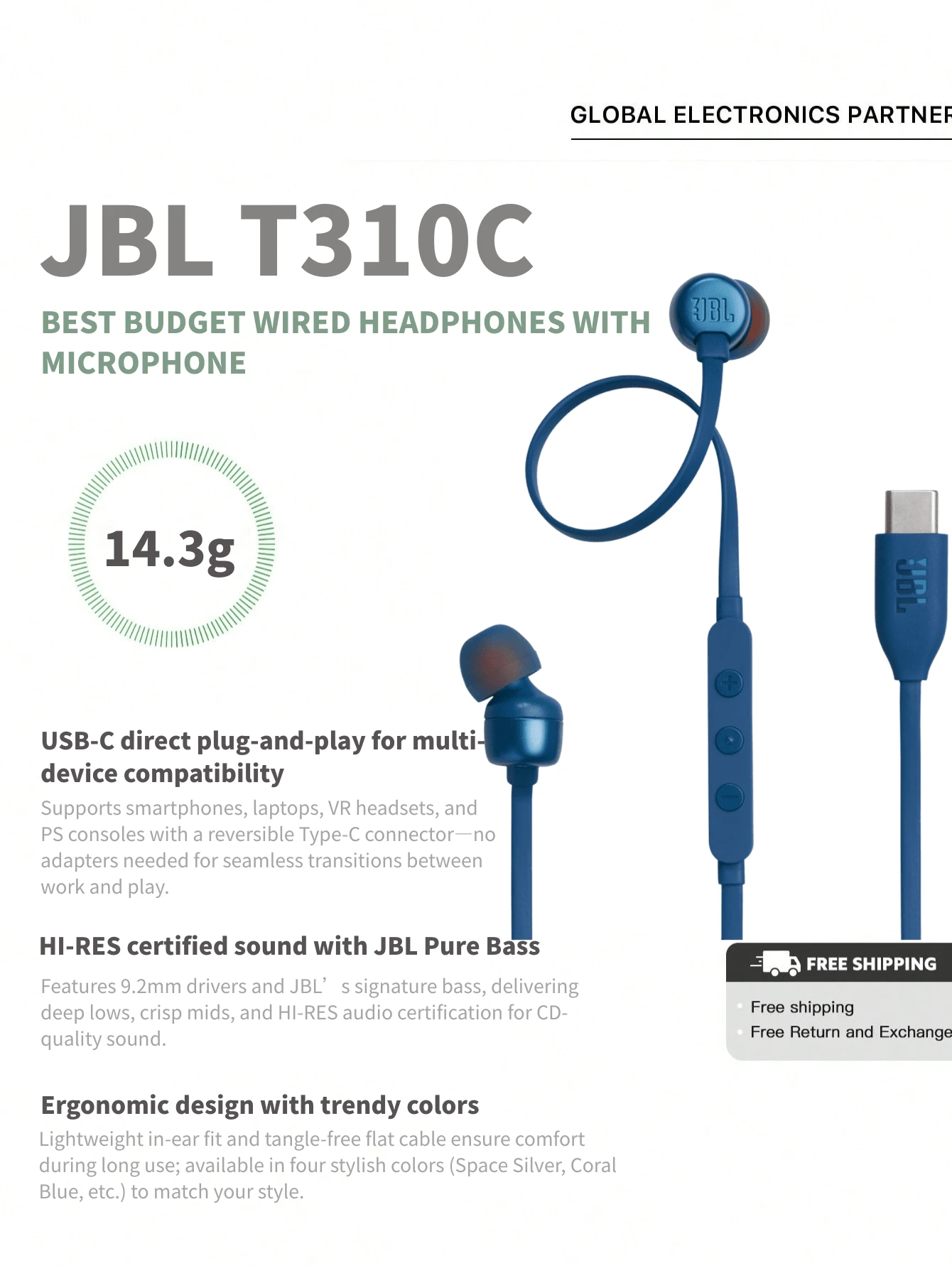 JBL TUNE310C 有线耳机 Type-C接口 立体声入耳式耳机 电脑耳机 适用于USB-C接口手机 蓝色 - 藍色 - 查看 1
