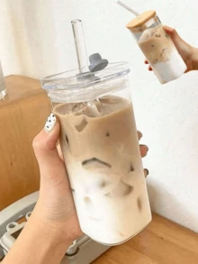 1 件 400 毫升方形耐热咖啡玻璃杯带盖和吸管透明奶茶果汁杯咖啡杯适用于家庭酒吧饮具，返校用品