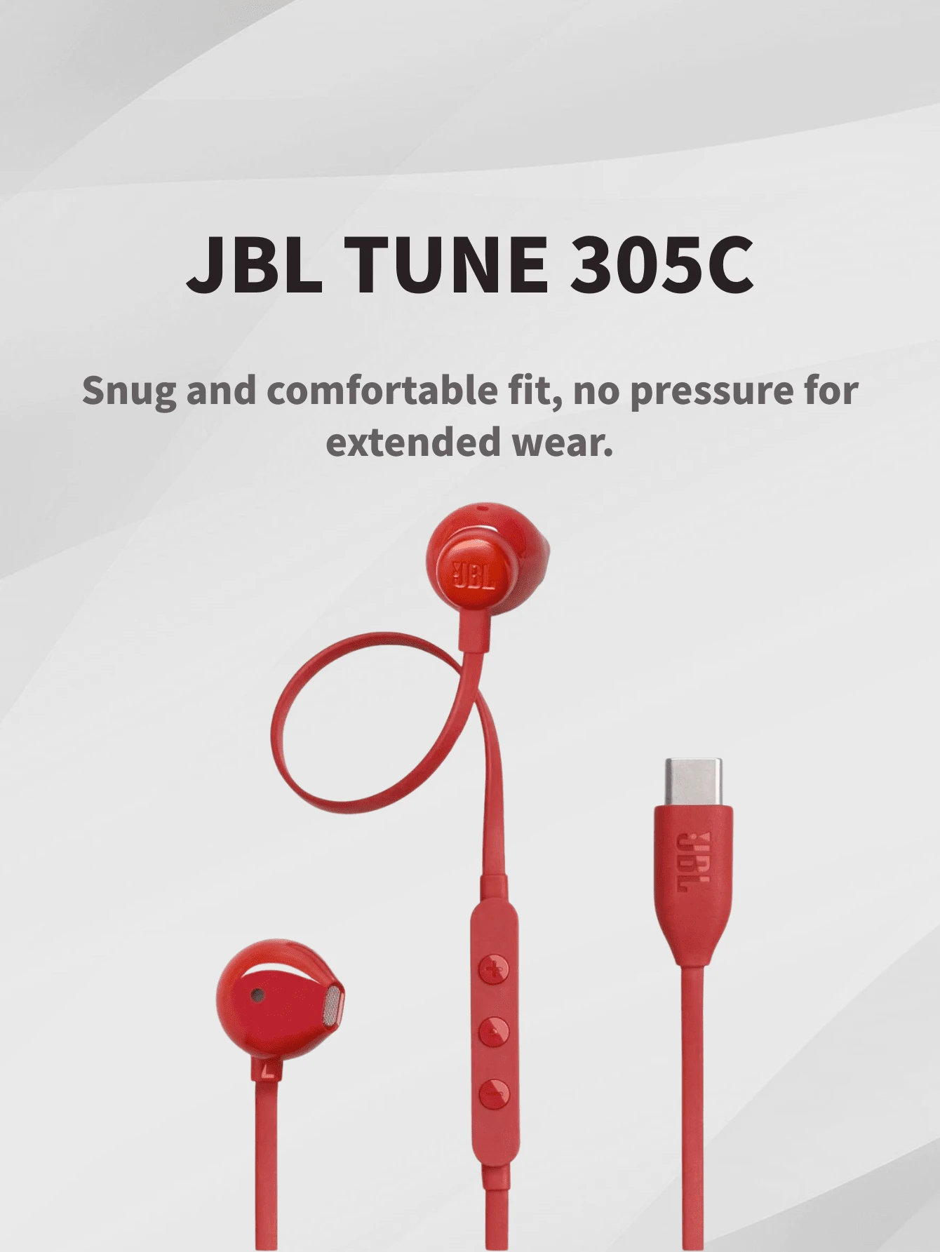 JBL TUNE 305C - سماعات أذن سلكية USB-C - صوت عالي الجودة، صوت جبل الخالص، ريموت ب- 3 أزرار ميكروفون، تصميم شبه داخل الأذن مريح للكمبيوتر والهاتف والألعاب